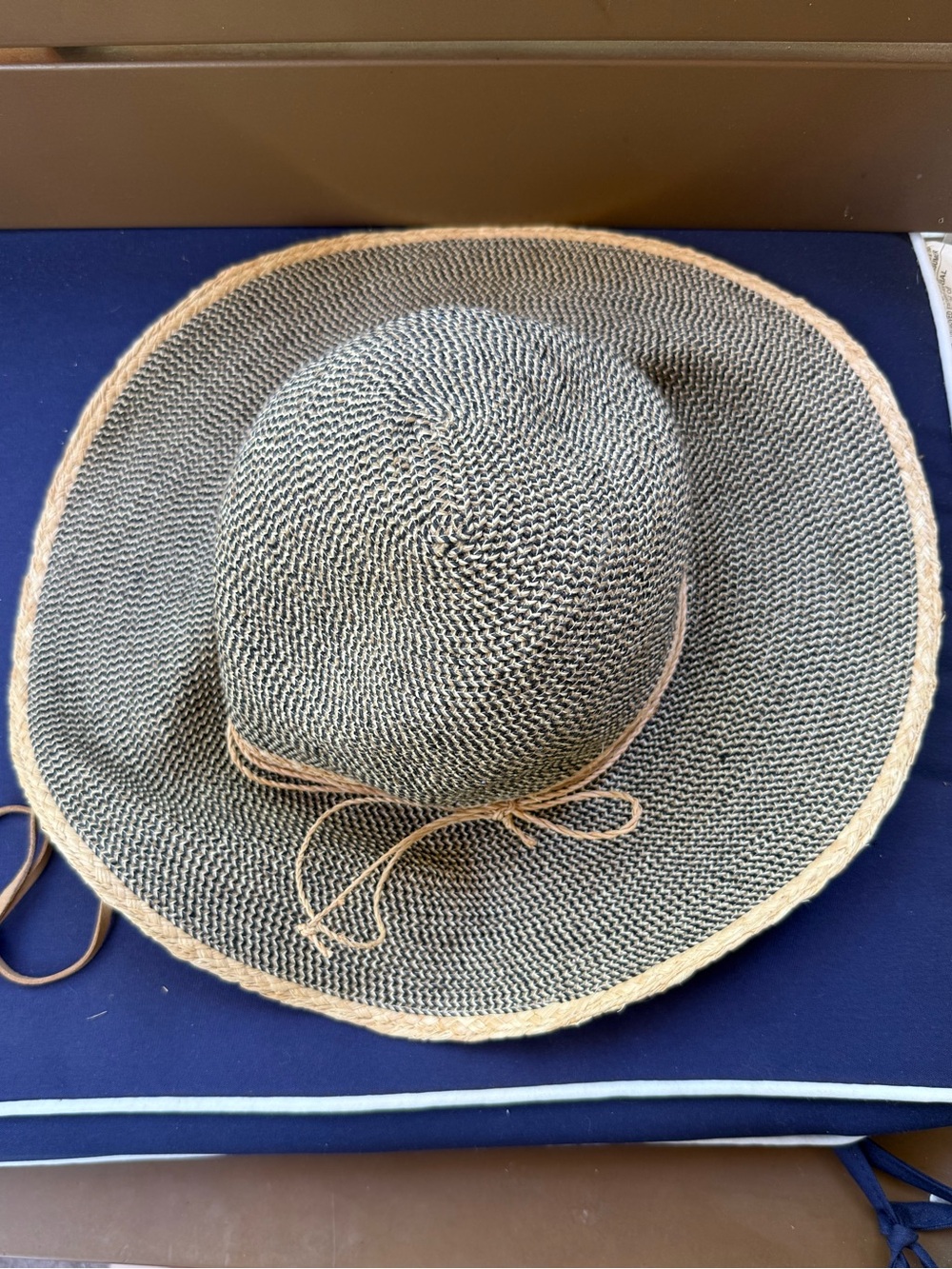 Wide-Brim Straw Sun Hat with Contrast Trim - Black and Tan